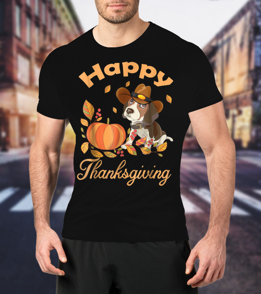 Happy Thanksgiving Beagles Pilgrim Pumpkin And Leaves T-Shirt