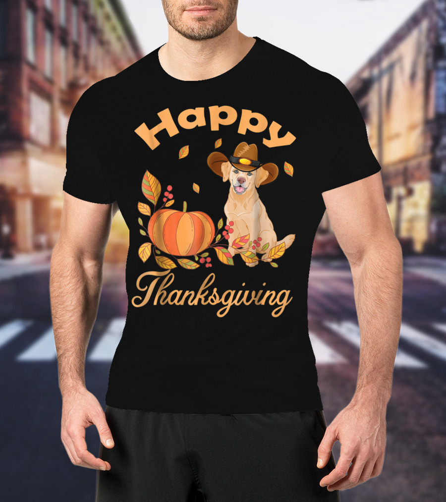 Happy Thanksgiving Golden Retriever With Pumpkin And Leaves T-Shirt