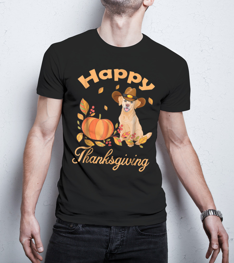 Happy Thanksgiving Golden Retriever With Pumpkin And Leaves T-Shirt