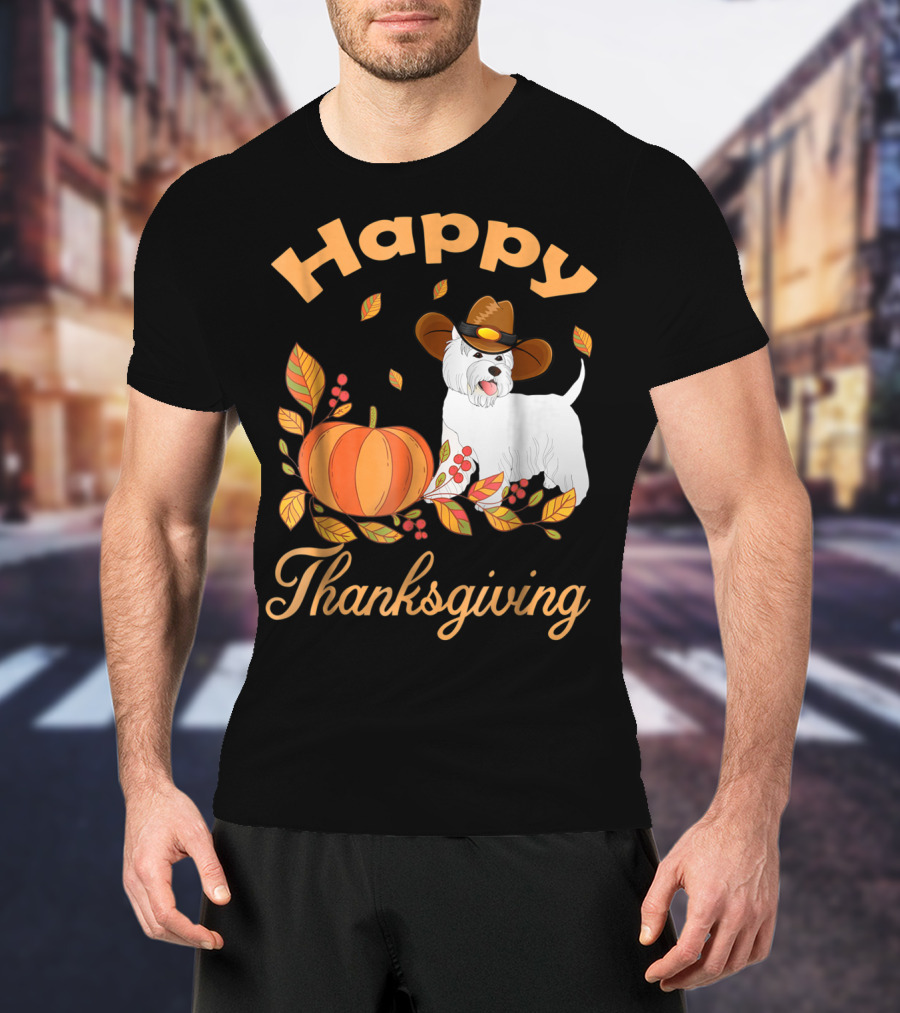 Happy Thanksgiving Westie Pilgrim Dog With Pumpkin And Leaves T-Shirt