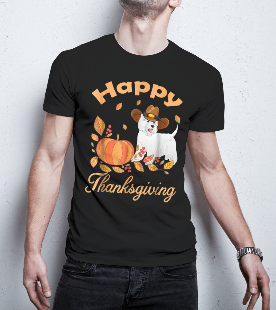 Happy Thanksgiving Westie Pilgrim Dog With Pumpkin And Leaves T-Shirt