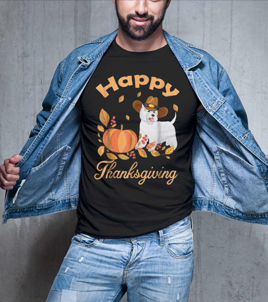 Happy Thanksgiving Westie Pilgrim Dog With Pumpkin And Leaves T-Shirt