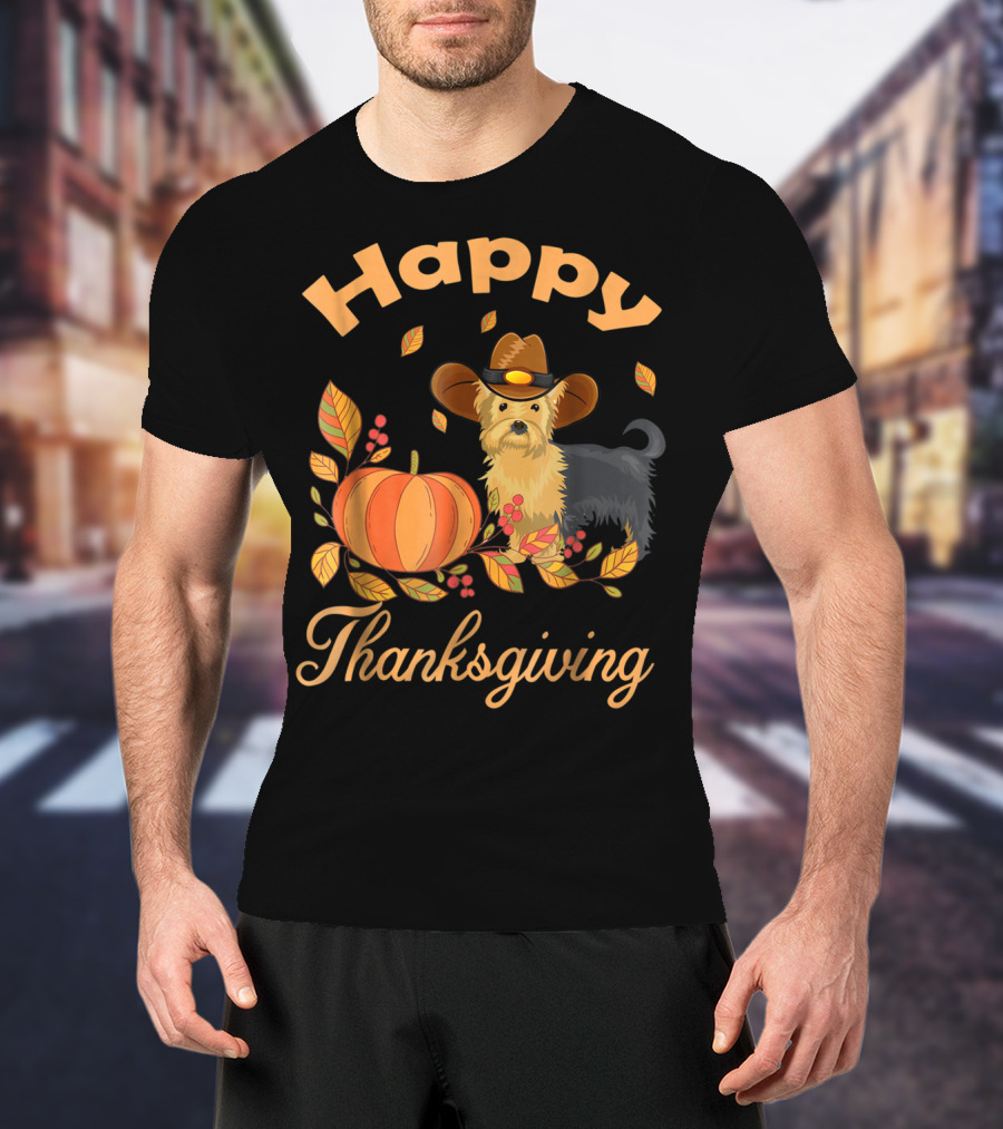 Happy Thanksgiving Yorkie With Pilgrim Hat And Autumn Pumpkin Leaves T-Shirt