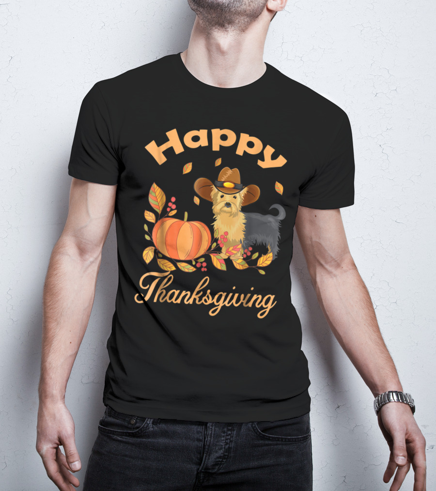 Happy Thanksgiving Yorkie With Pilgrim Hat And Autumn Pumpkin Leaves T-Shirt