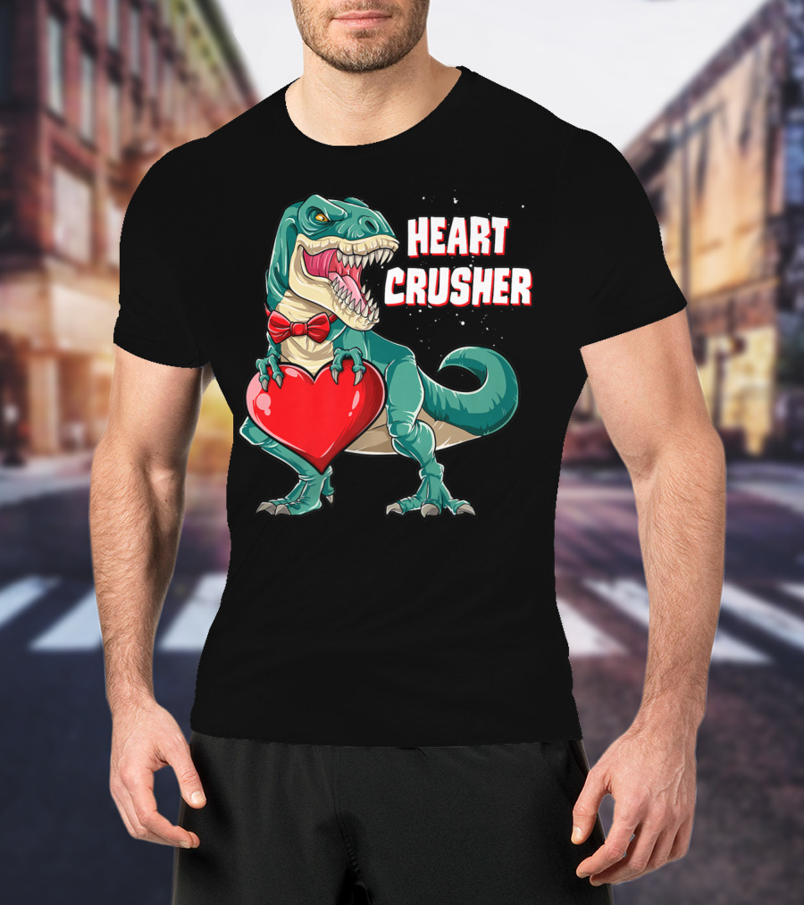 Heart Crusher Valentines Day Dinosaur Rex Bowtie Holding Heart T-Shirt