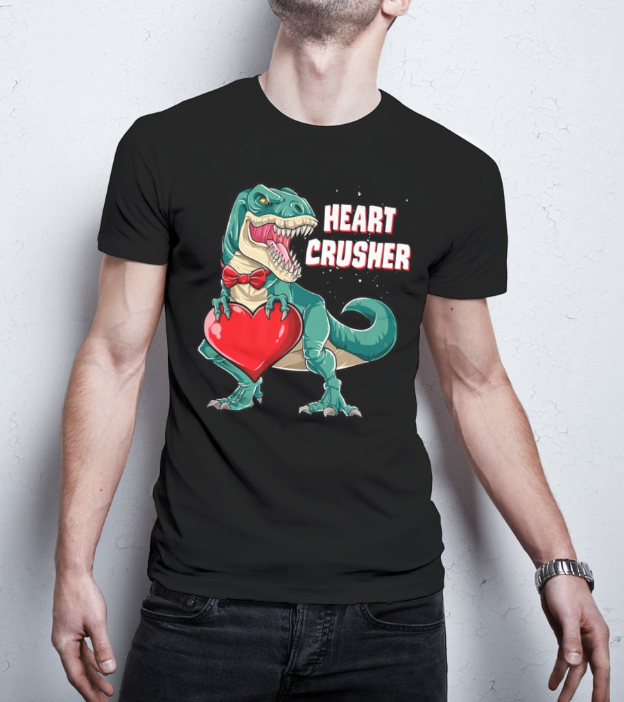 Heart Crusher Valentines Day Dinosaur Rex Bowtie Holding Heart T-Shirt