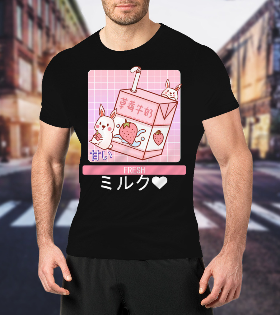 Fresh  Strawberry Milk Carton With Cute Bunny Aesthetic T-Shirt