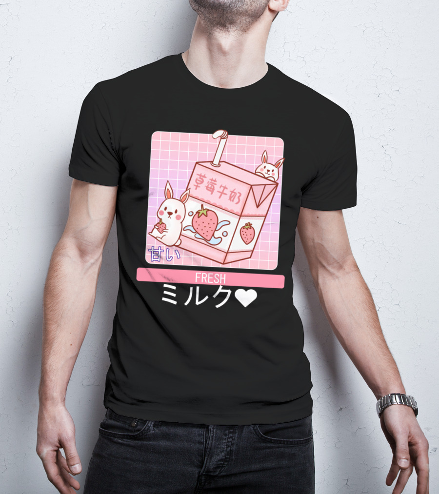 Fresh  Strawberry Milk Carton With Cute Bunny Aesthetic T-Shirt