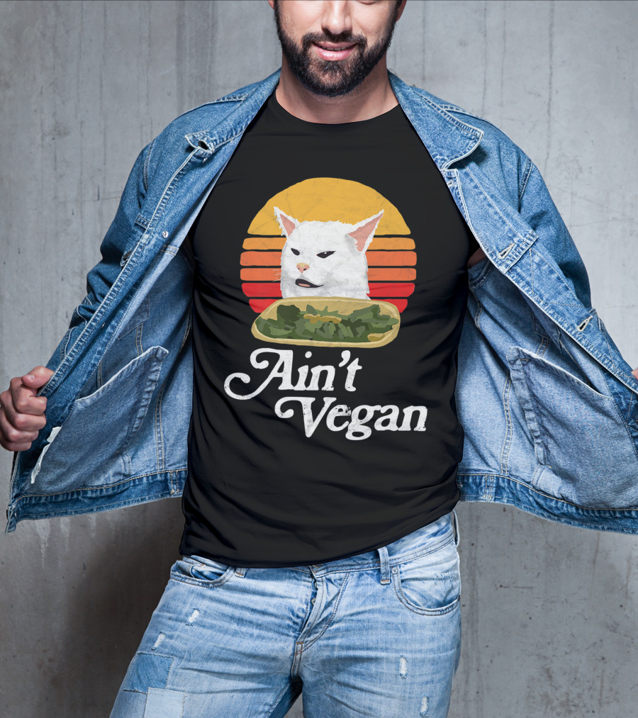 Ain't Vegan Arguing White Cat Retro Sunset T-Shirt