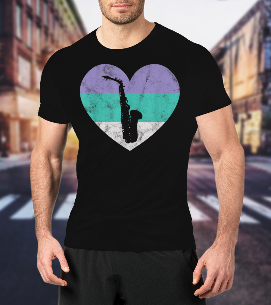 Heart With Alto Saxophone Silhouette And Pastel Stripes T-Shirt