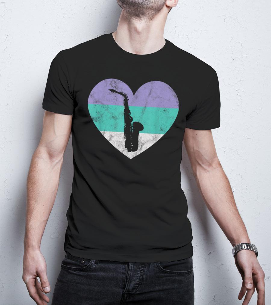 Heart With Alto Saxophone Silhouette And Pastel Stripes T-Shirt