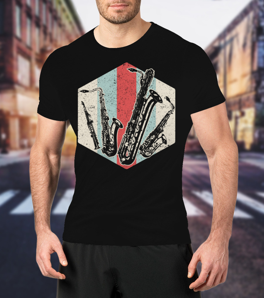 Alto Tenor Soprano Baritone Saxophone Sax Retro Hexagon T-Shirt