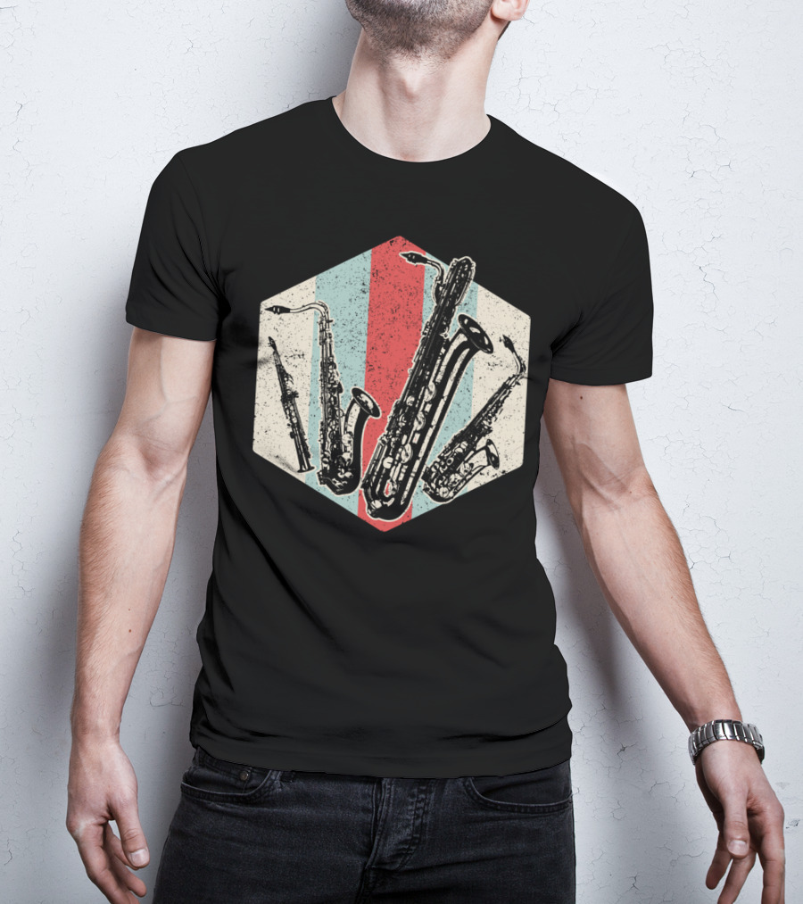 Alto Tenor Soprano Baritone Saxophone Sax Retro Hexagon T-Shirt