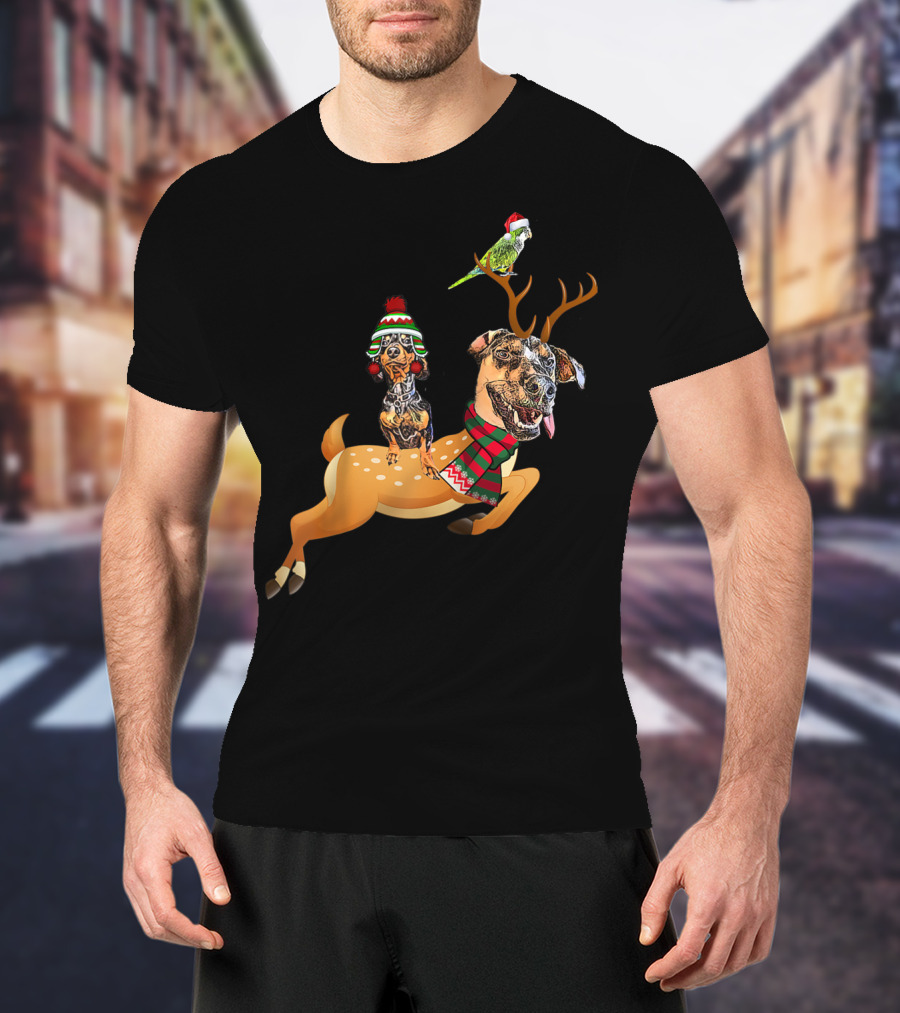 At's Andy And Thanri Reindeer Dog Duo With Santa Parrot T-Shirt