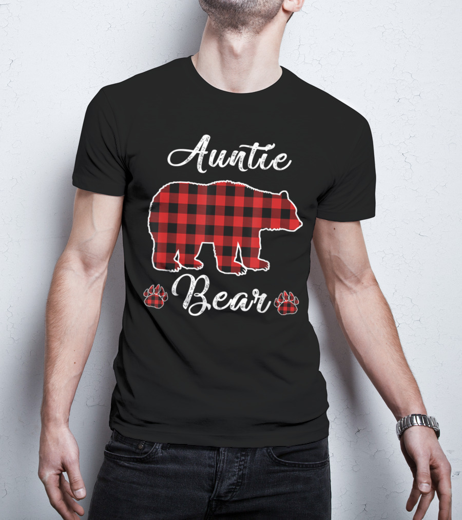 Auntie Bear Red Plaid Buffalo Christmas T-Shirt