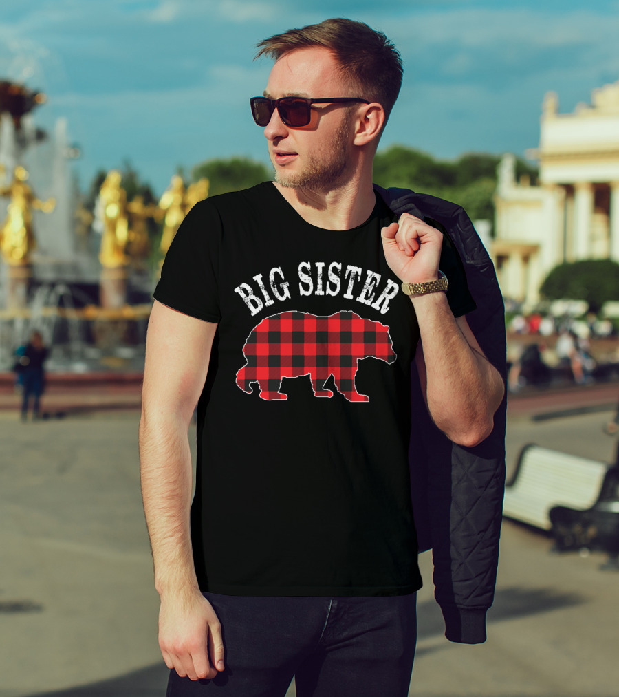 Big Sister Bear Red Black Buffalo Plaid T-Shirt