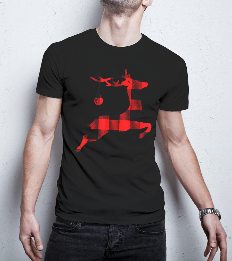 Festive Black And Red Plaid Reindeer Silhouette T-Shirt