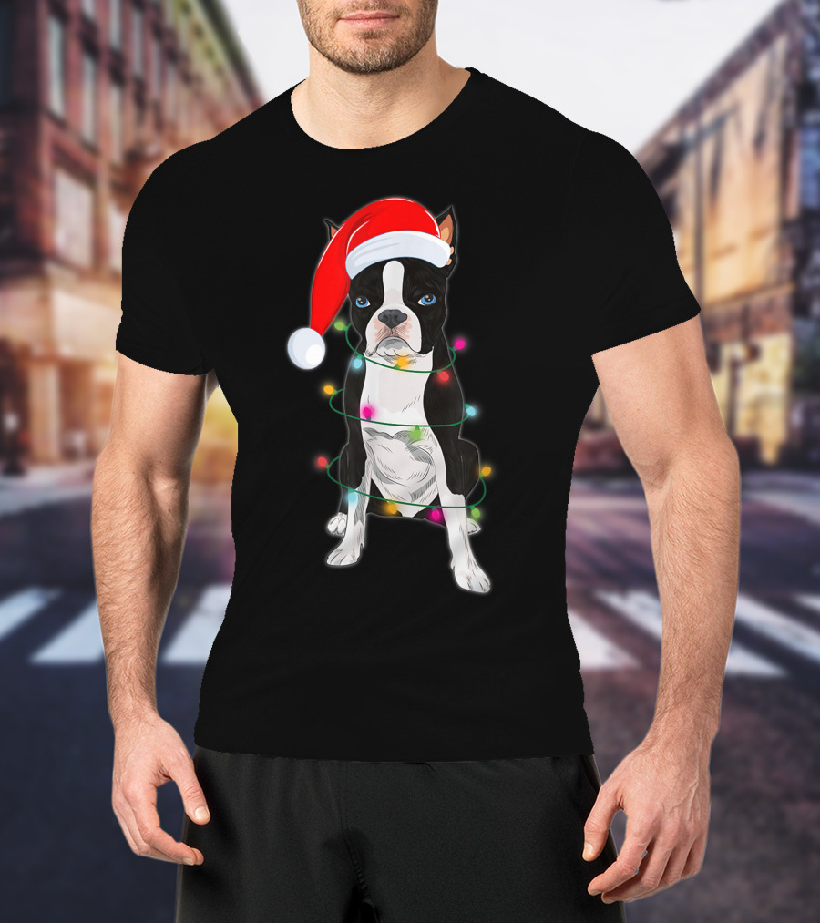 Boston Terrier Wrapped In Christmas Lights With Santa Hat T-Shirt