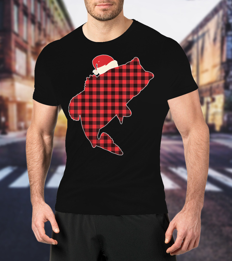 Christmas Fish Santa Hat Red Plaid Buffalo T-Shirt