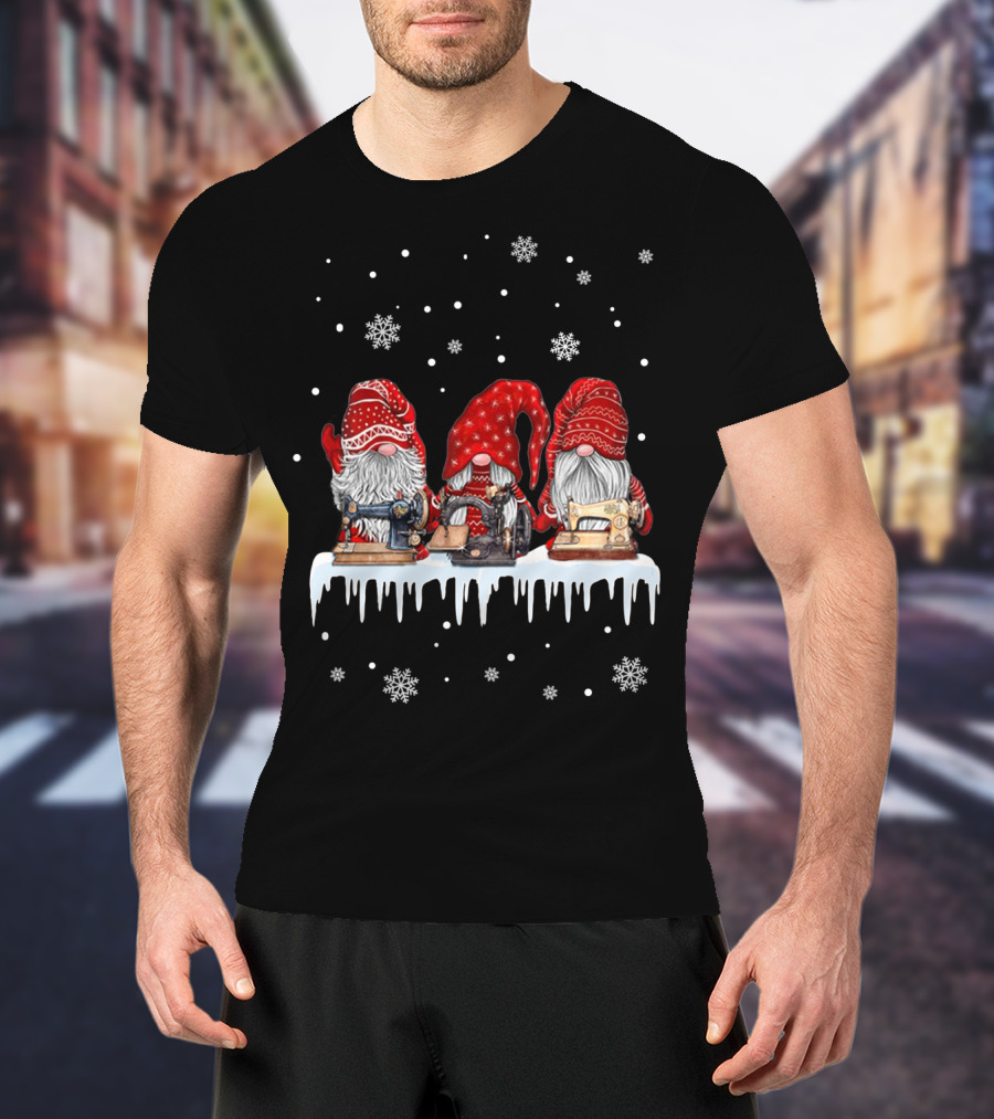 Christmas Gnomes Red Sewing Machine Snowflakes Winter Scene T-Shirt