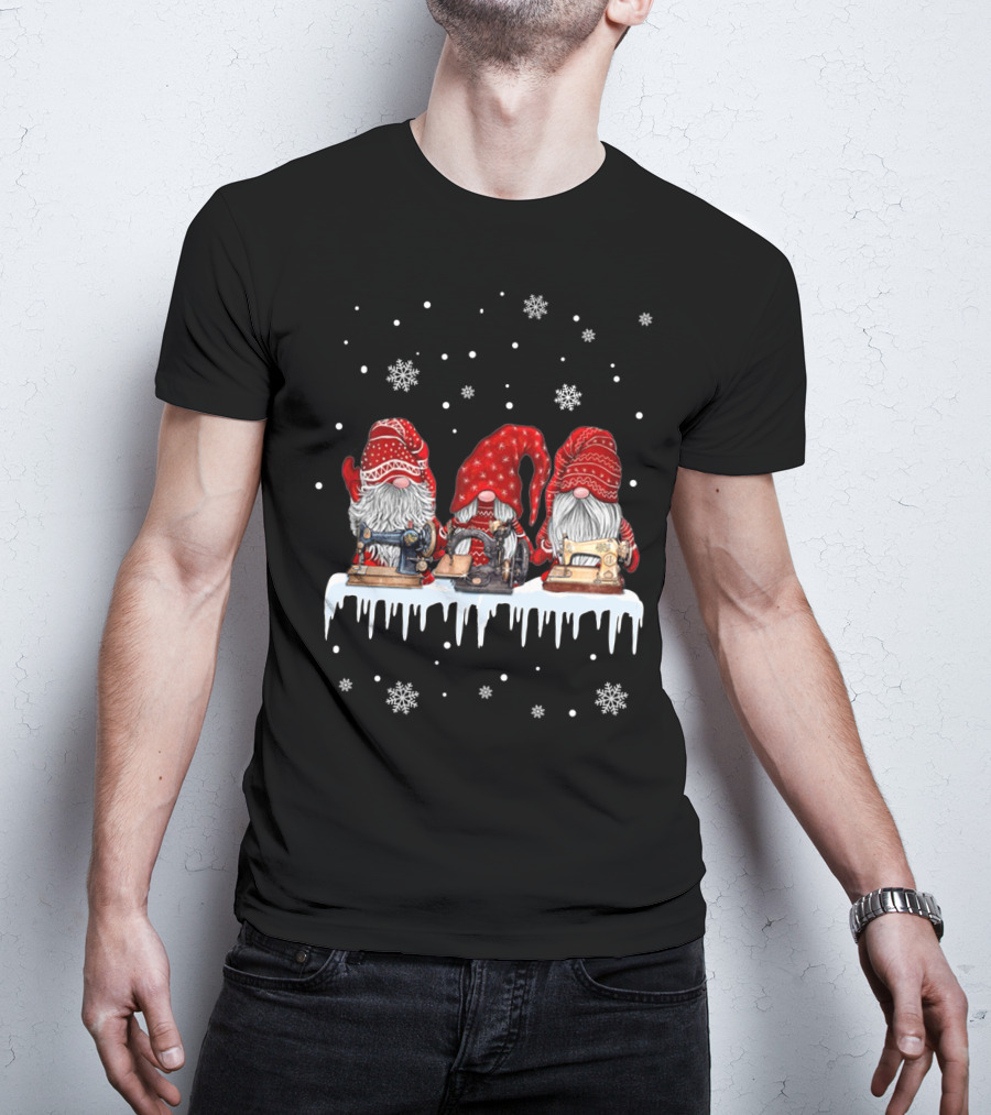 Christmas Gnomes Red Sewing Machine Snowflakes Winter Scene T-Shirt