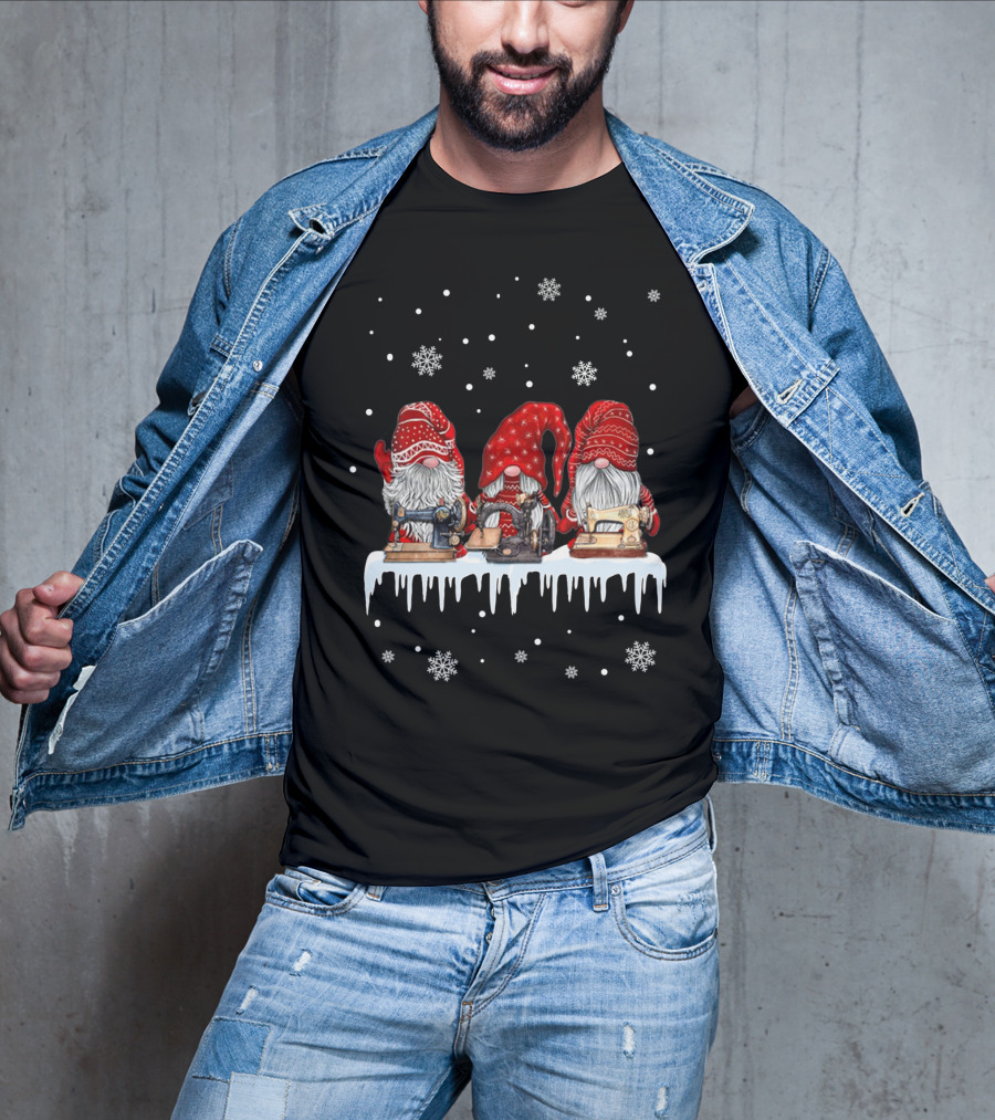 Christmas Gnomes Red Sewing Machine Snowflakes Winter Scene T-Shirt