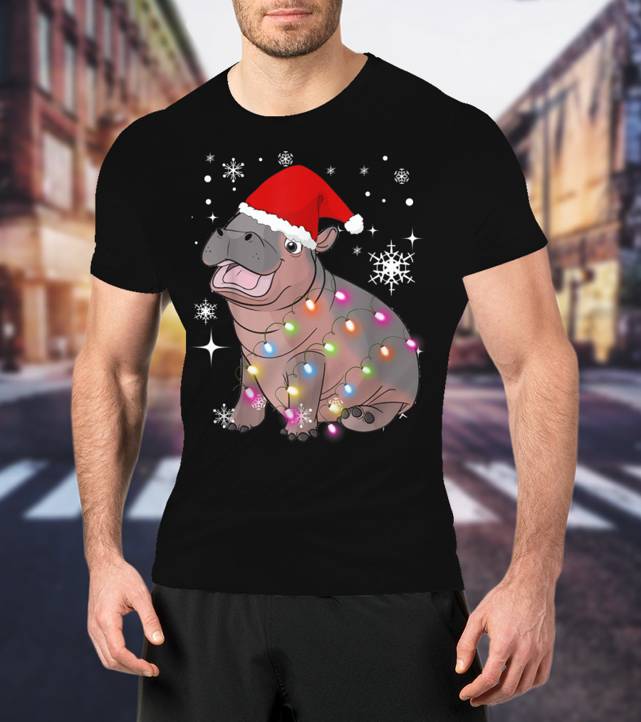 Christmas Lights Baby Hippo Fiona Santa Hat T-Shirt