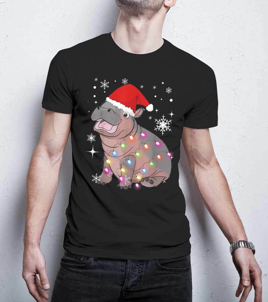 Christmas Lights Baby Hippo Fiona Santa Hat T-Shirt