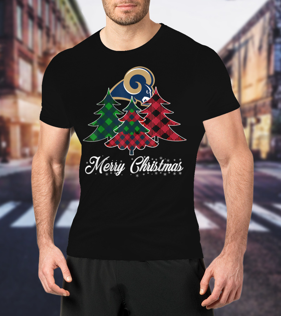 Merry Christmas Los Angeles Rams Plaid Trees Football Team T-Shirt