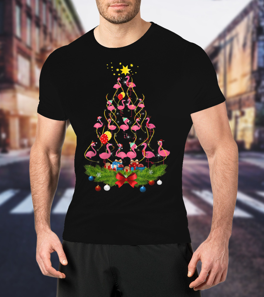 Pink Flamingo Christmas Tree With Santa Hats And Festive Decorations T-Shirt