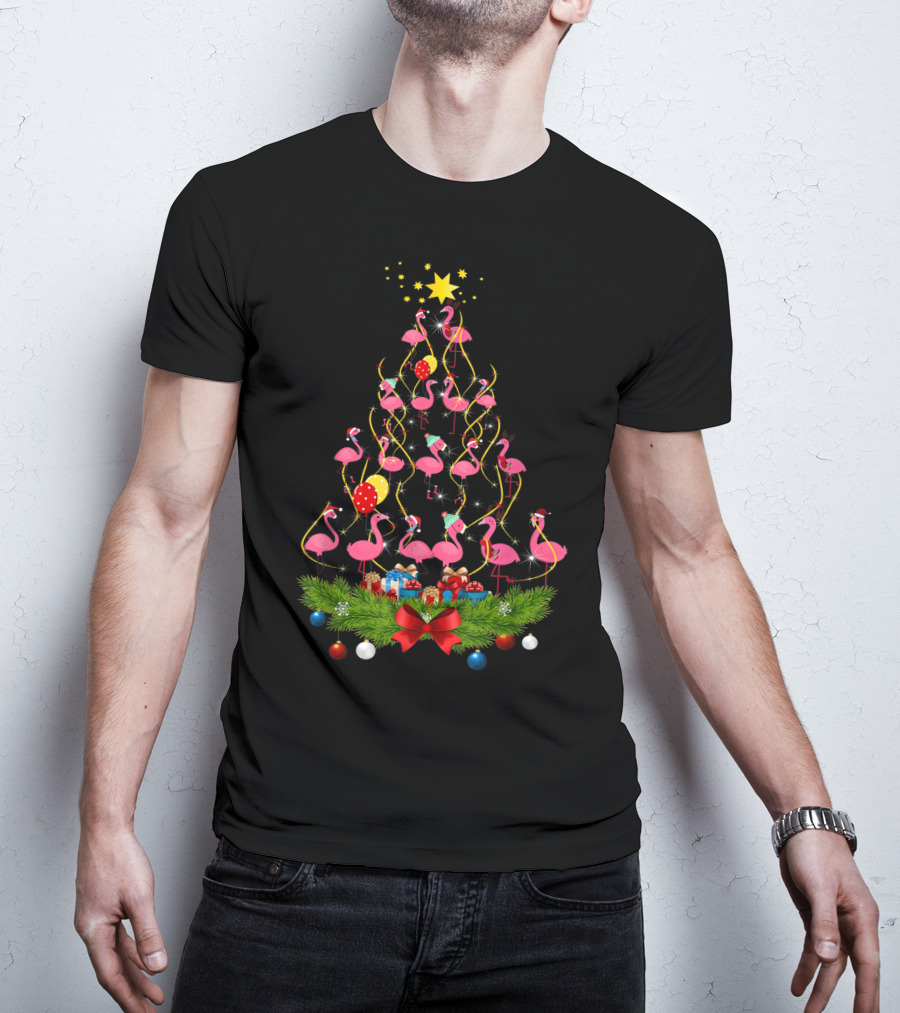 Pink Flamingo Christmas Tree With Santa Hats And Festive Decorations T-Shirt