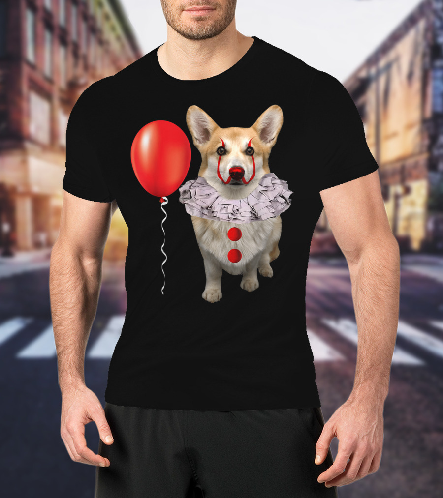 Corgi Clown Costume With Red Balloon Scary Funny Corgi T-Shirt