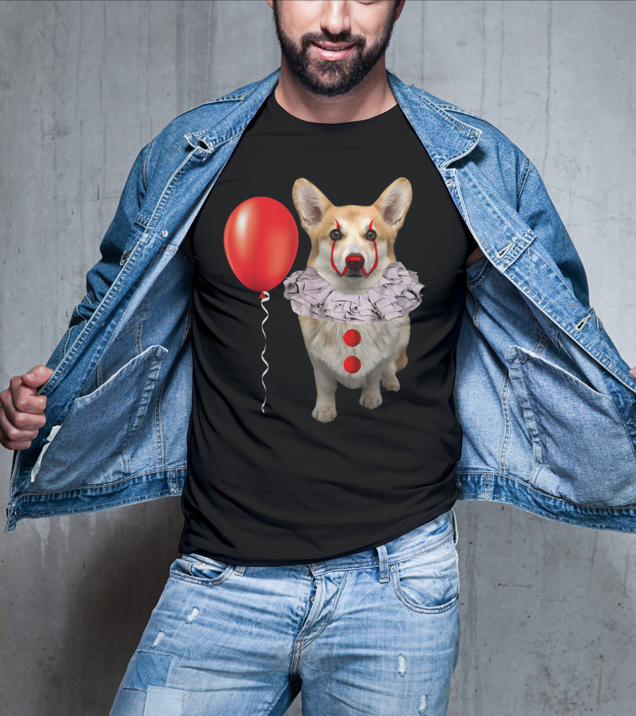 Corgi Clown Costume With Red Balloon Scary Funny Corgi T-Shirt