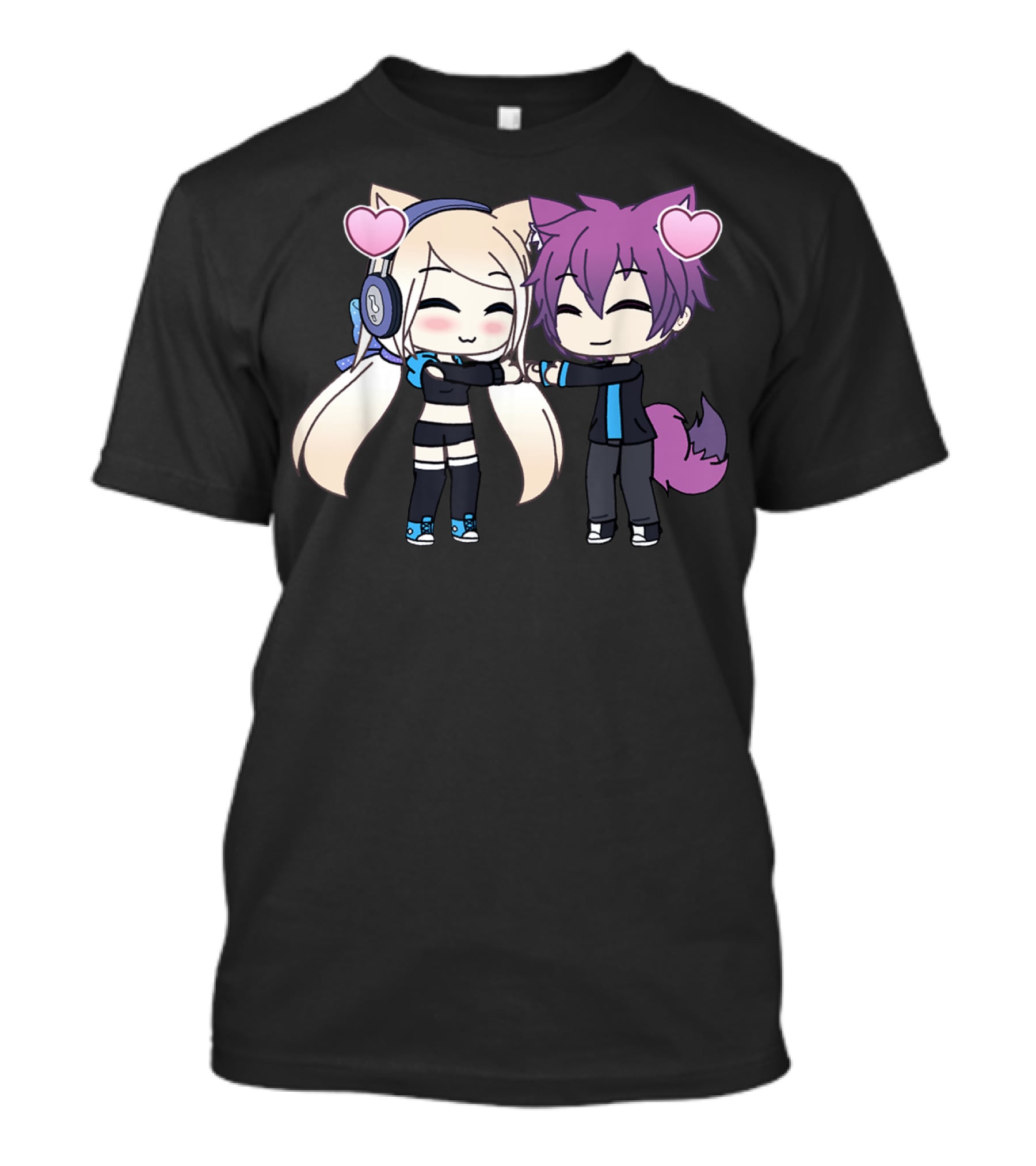 Cute Kawaii Chibi Anime Girl And Boy With Hearts And Cat Ears T-Shirt