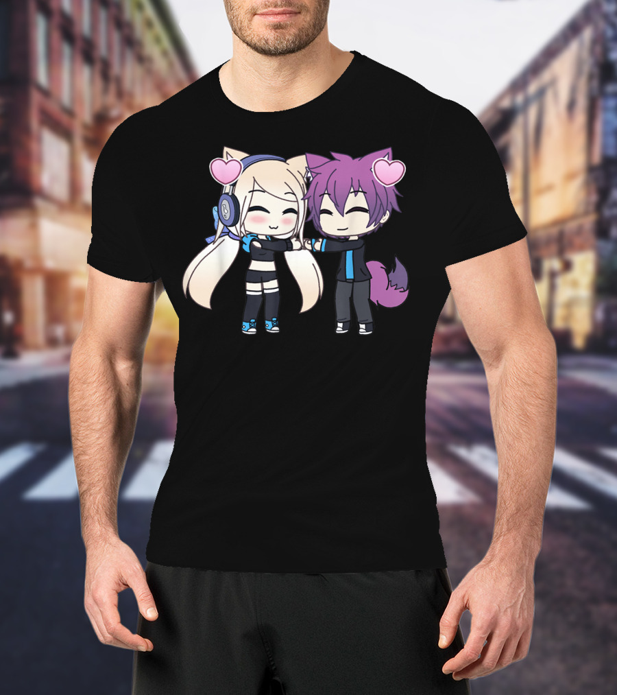 Cute Kawaii Chibi Anime Girl And Boy With Hearts And Cat Ears T-Shirt