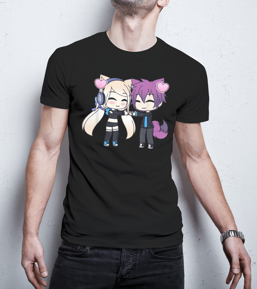 Cute Kawaii Chibi Anime Girl And Boy With Hearts And Cat Ears T-Shirt
