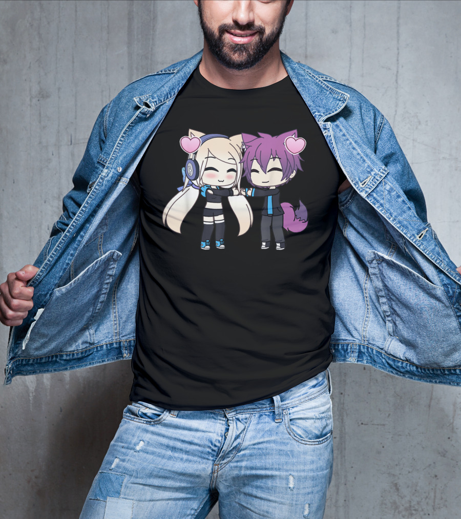 Cute Kawaii Chibi Anime Girl And Boy With Hearts And Cat Ears T-Shirt