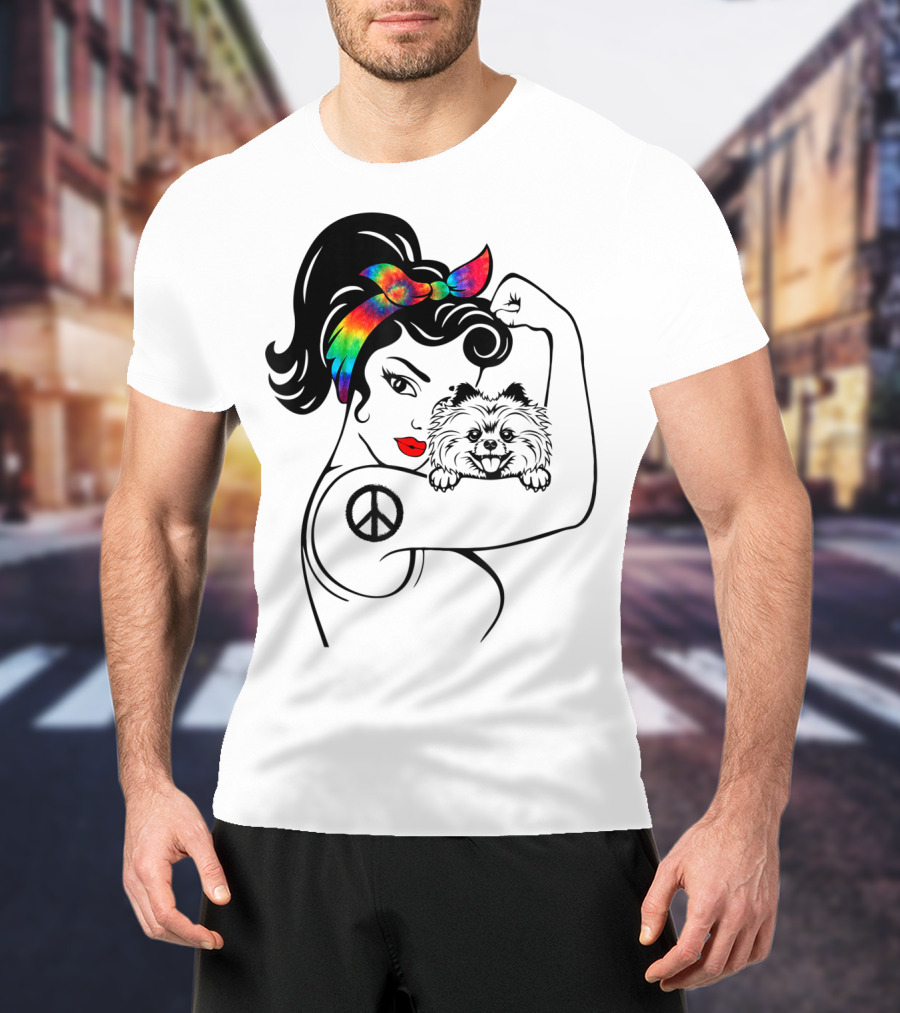 Cute Pomeranian Mom Peace Rainbow Bandana T-Shirt