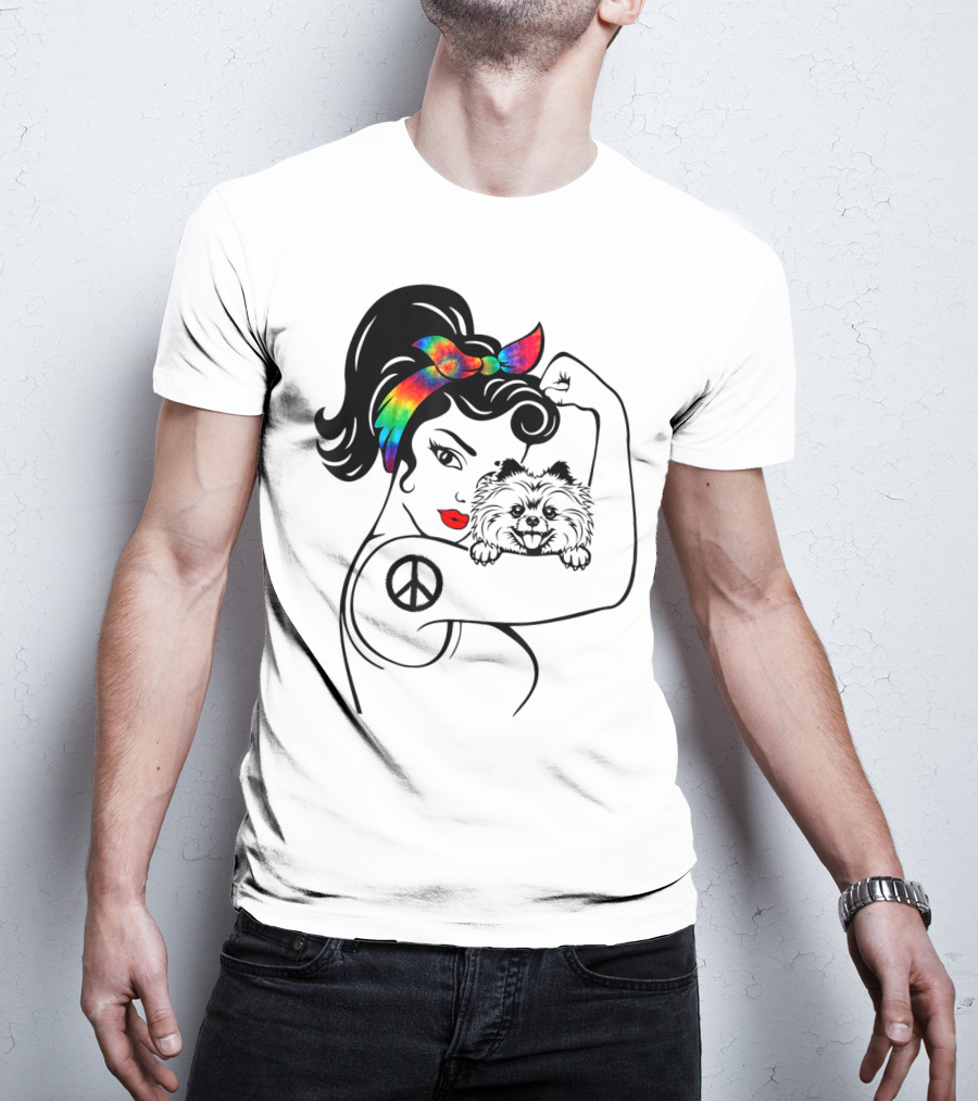 Cute Pomeranian Mom Peace Rainbow Bandana T-Shirt