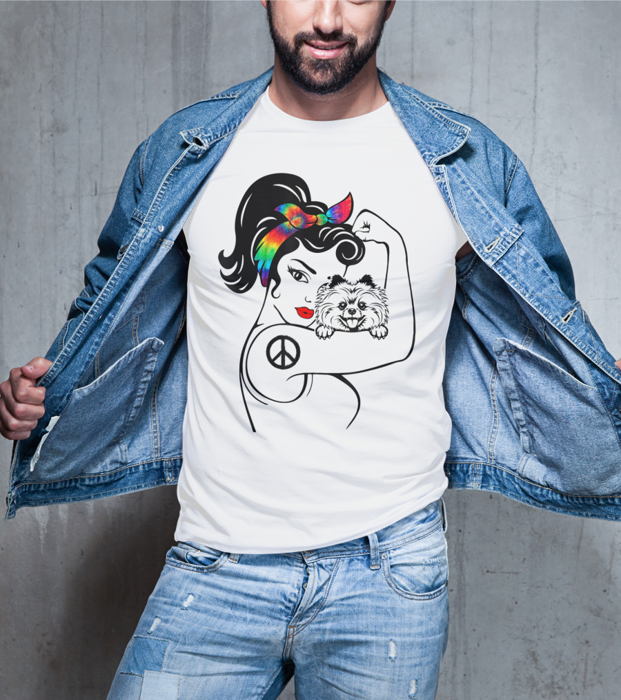 Cute Pomeranian Mom Peace Rainbow Bandana T-Shirt