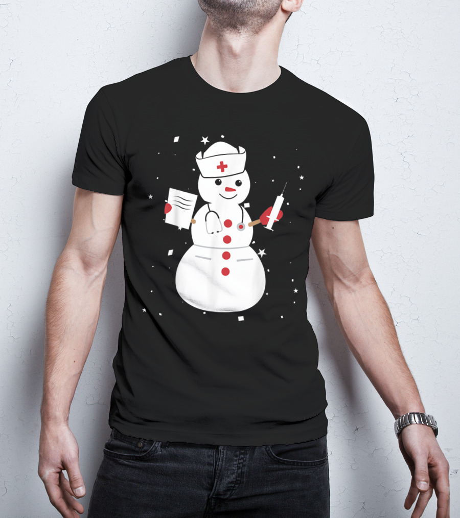 Nurse Snowman Holding Syringe And Clipboard For Cute Christmas Winter T-Shirt