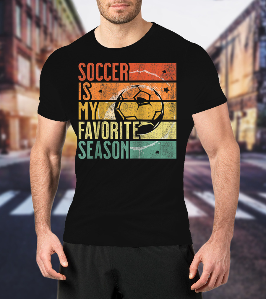 Soccer Is My Favorite Season Vintage Distressed Stripes Football Ball Retro T-Shirt