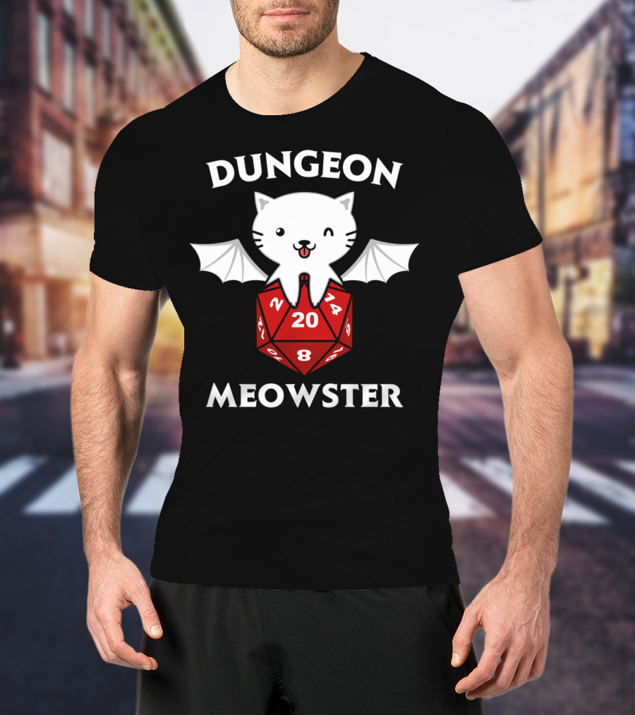 Dungeon Meowster D20 RPG Cat With Wings On Dice T-Shirt