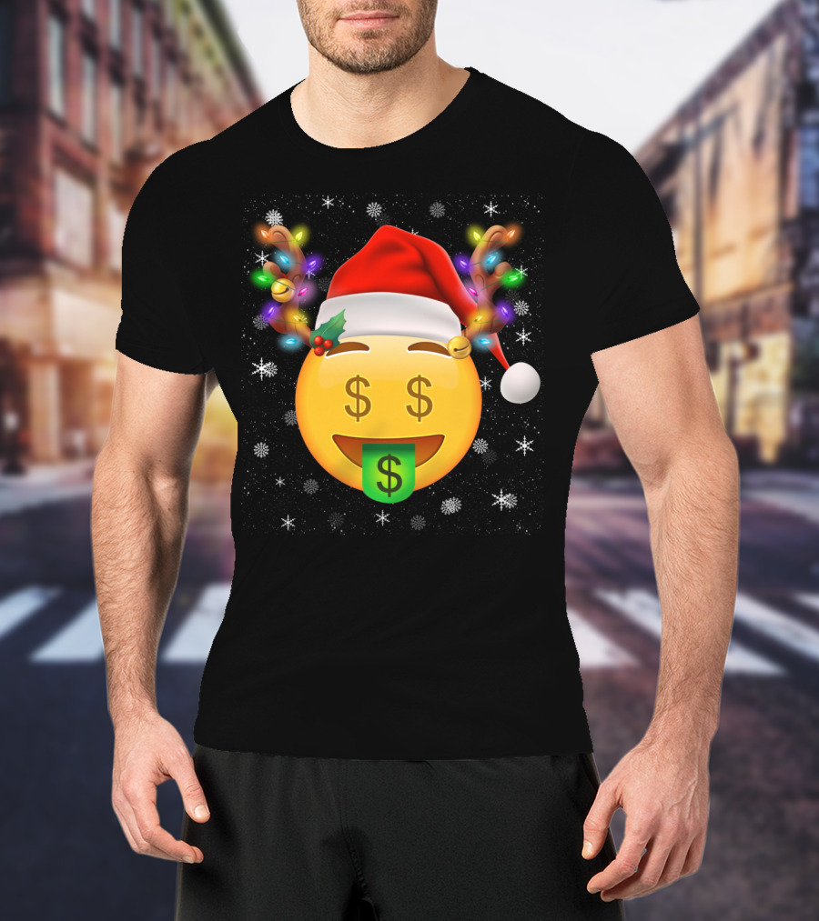 Santa Hat Reindeer Antlers Emoji Money Face T-Shirt