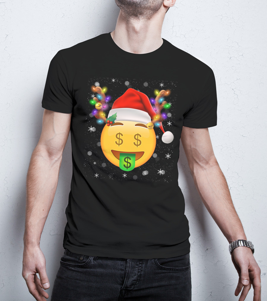 Santa Hat Reindeer Antlers Emoji Money Face T-Shirt