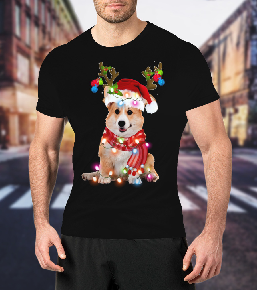 Corgi Christmas Reindeer Antlers Festive Lights And Santa Hat T-Shirt