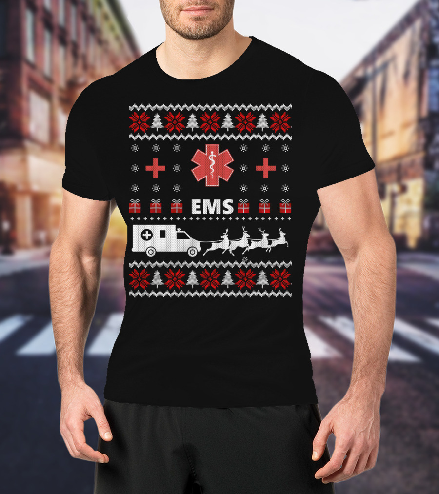 Funny EMS Christmas Ambulance Reindeer Ugly T-Shirt