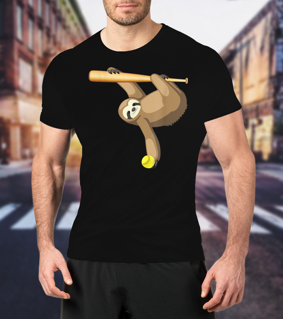 Funny Lazy Sloth Playing Baseball Softball With Bat And Ball T-Shirt