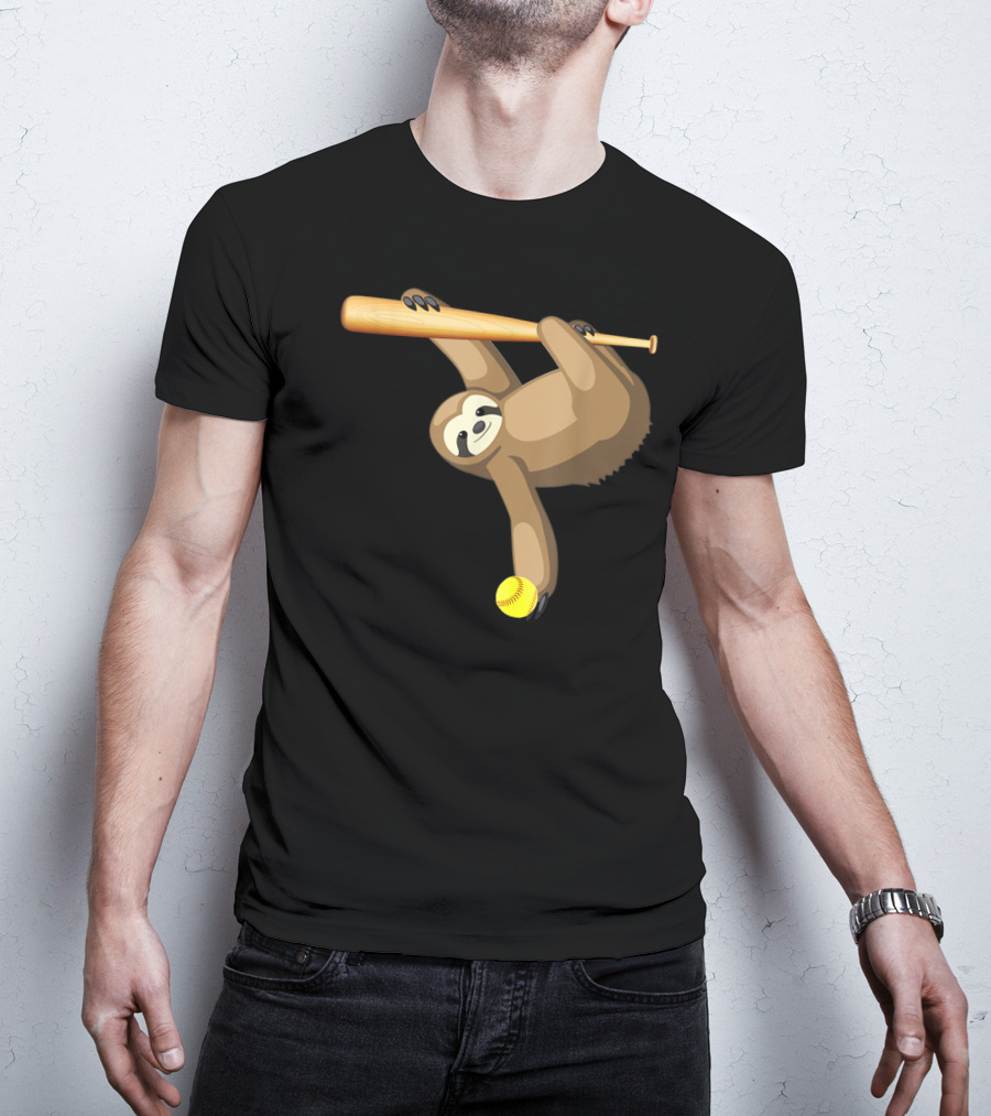 Funny Lazy Sloth Playing Baseball Softball With Bat And Ball T-Shirt