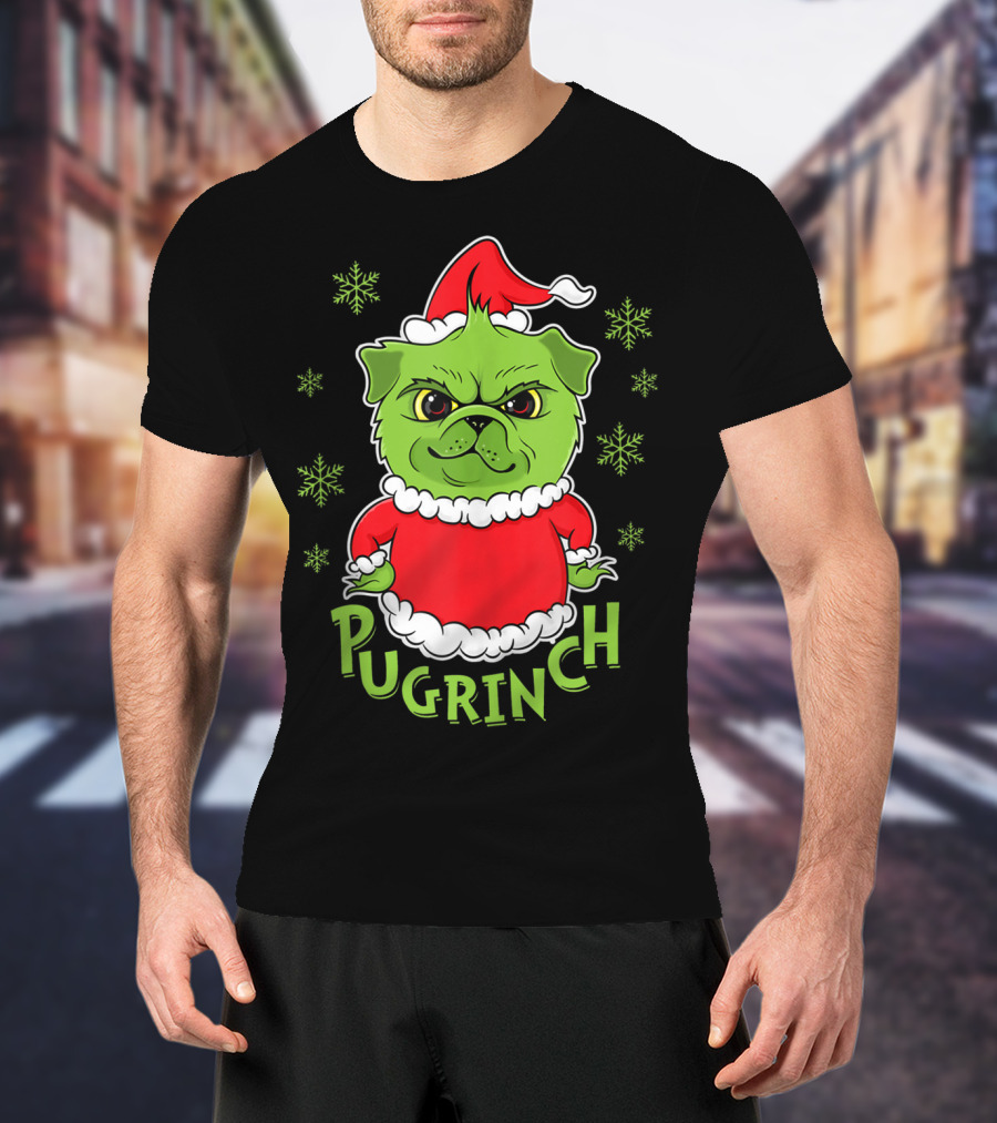 Pugrinch Funny Pug Dog In Christmas Santa Hat With Snowflakes T-Shirt